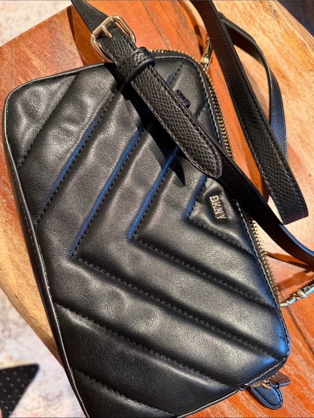 DKNY Black Quilted Chevron Crossbody Belt Bag with Gold Hardware
